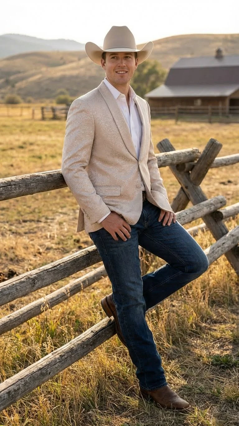 Men’s Tan Khaki Beige Cream Champaign Paisley Western Blazer Jacket, Embossed Dress Sport Coat for Wedding Party Rodeo Style - Image 7