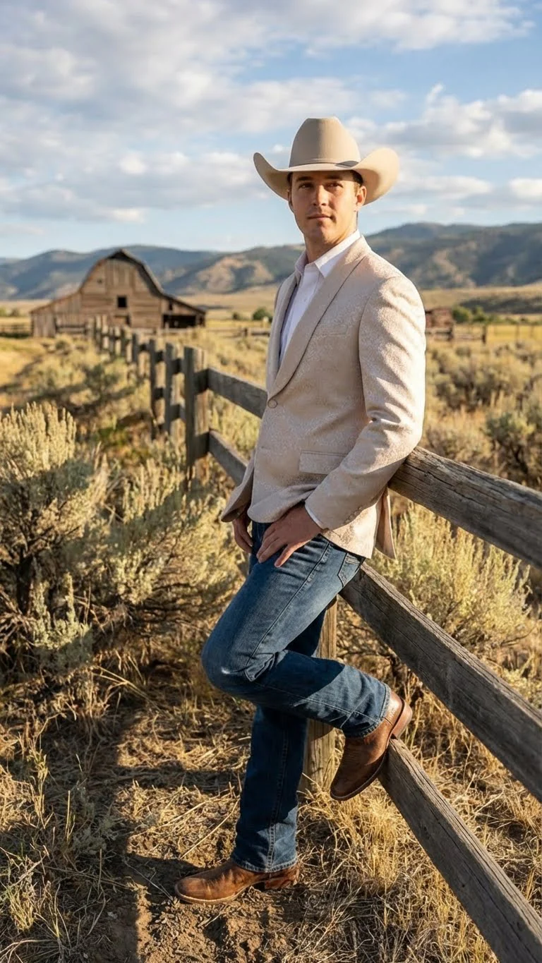 Men’s Tan Khaki Beige Cream Champaign Paisley Western Blazer Jacket, Embossed Dress Sport Coat for Wedding Party Rodeo Style - Image 8