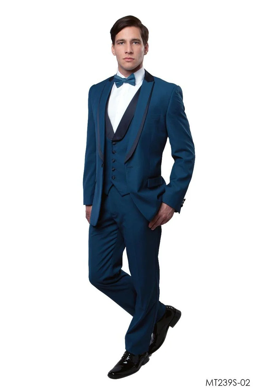 Men’s Teal Blue Tuxedo – 3-Piece Formal Suit with Satin Shawl Lapel, Vest, and Pants in Saphire Cobalt Blue Color - Image 2