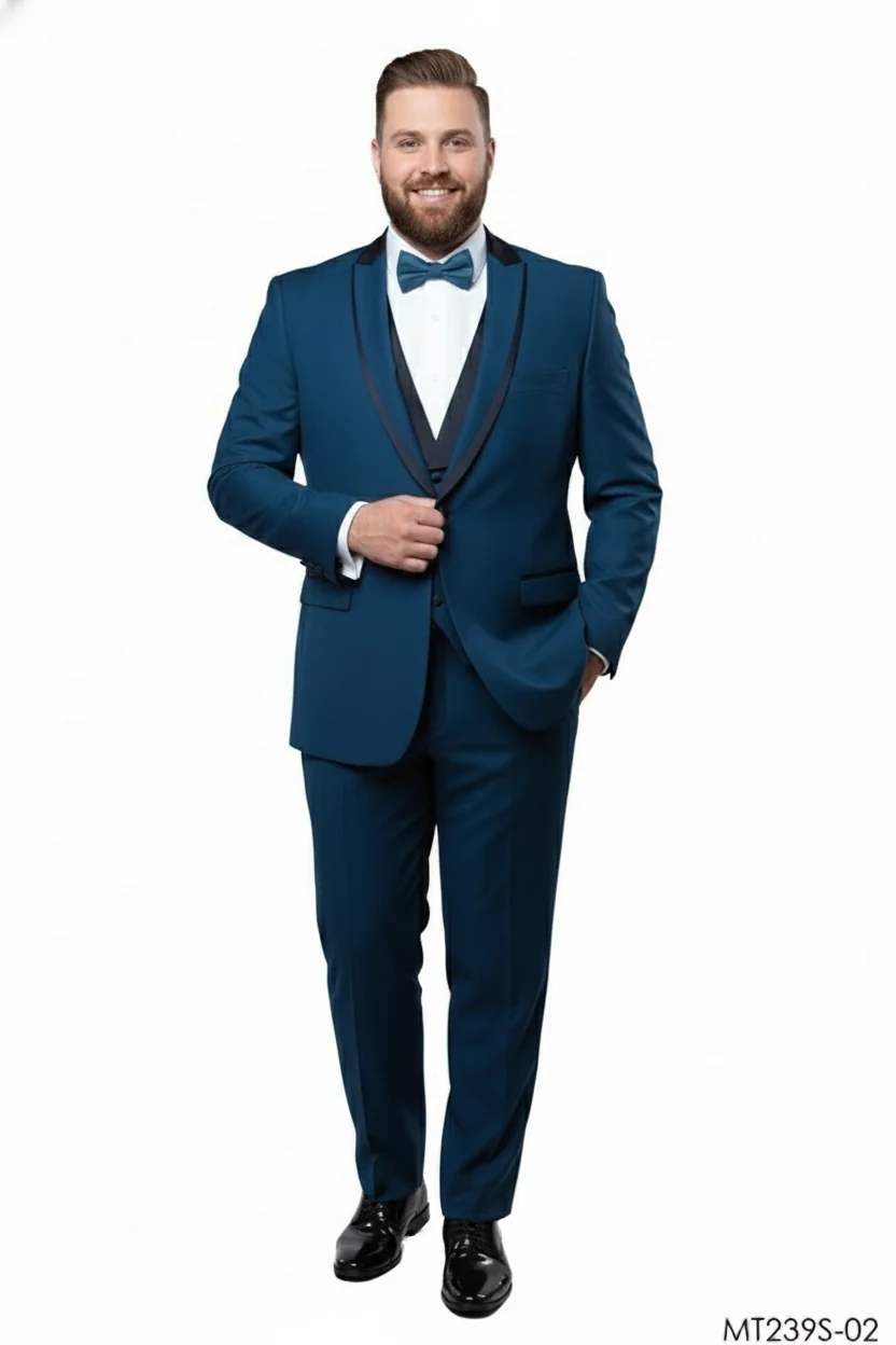 Men’s Teal Blue Tuxedo – 3-Piece Formal Suit with Satin Shawl Lapel, Vest, and Pants in Saphire Cobalt Blue Color - Image 4