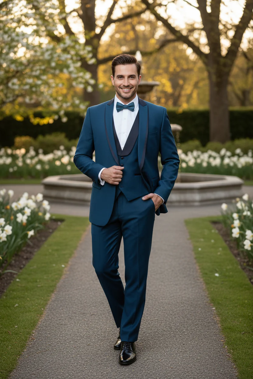 Men’s Teal Blue Tuxedo – 3-Piece Formal Suit with Satin Shawl Lapel, Vest, and Pants in Saphire Cobalt Blue Color - Image 5