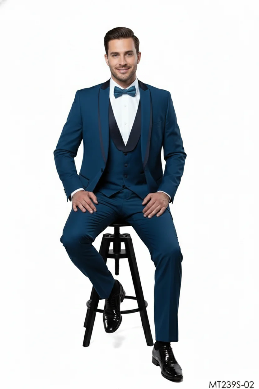 Men’s Teal Blue Tuxedo – 3-Piece Formal Suit with Satin Shawl Lapel, Vest, and Pants in Saphire Cobalt Blue Color - Image 6