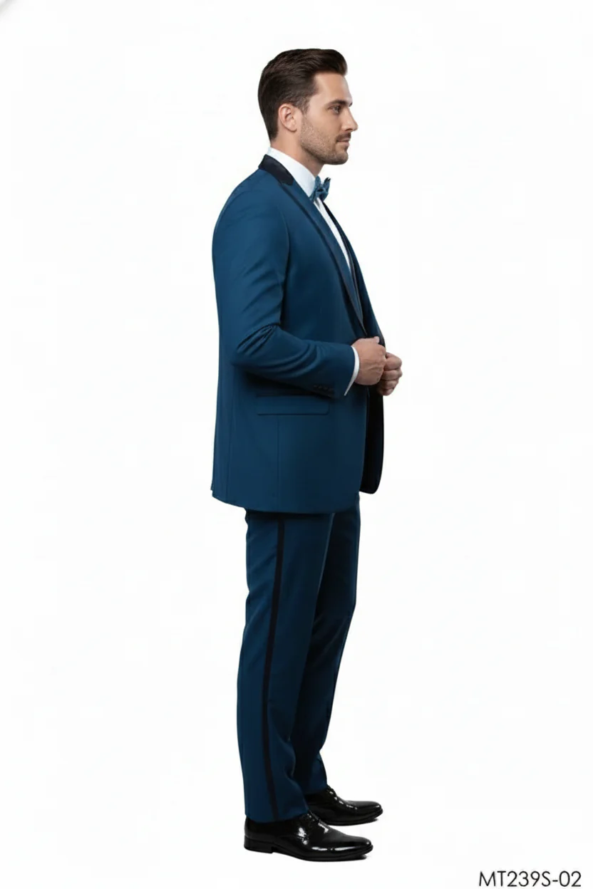 Men’s Teal Blue Tuxedo – 3-Piece Formal Suit with Satin Shawl Lapel, Vest, and Pants in Saphire Cobalt Blue Color - Image 7