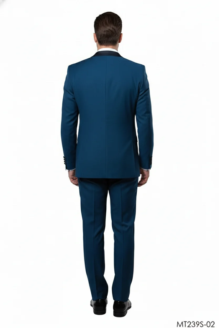 Men’s Teal Blue Tuxedo – 3-Piece Formal Suit with Satin Shawl Lapel, Vest, and Pants in Saphire Cobalt Blue Color - Image 8