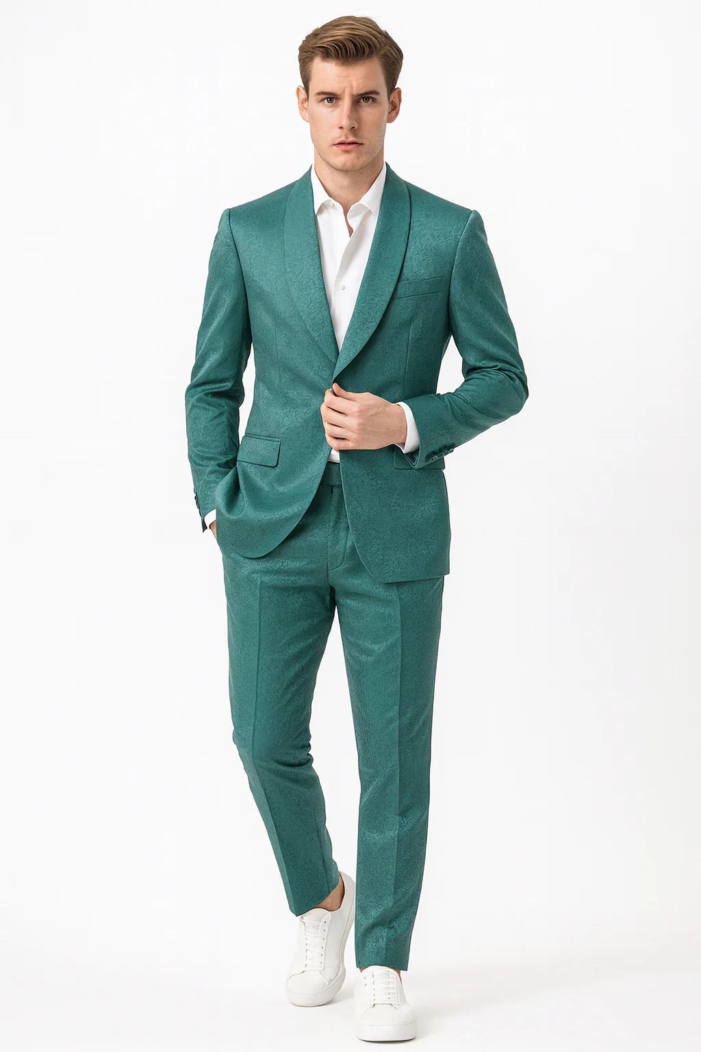 Men’s Teal Green Floral Jacquard Blazer – Slim Fit Tuxedo Jacket for Weddings, Proms, and Parties - Image 5