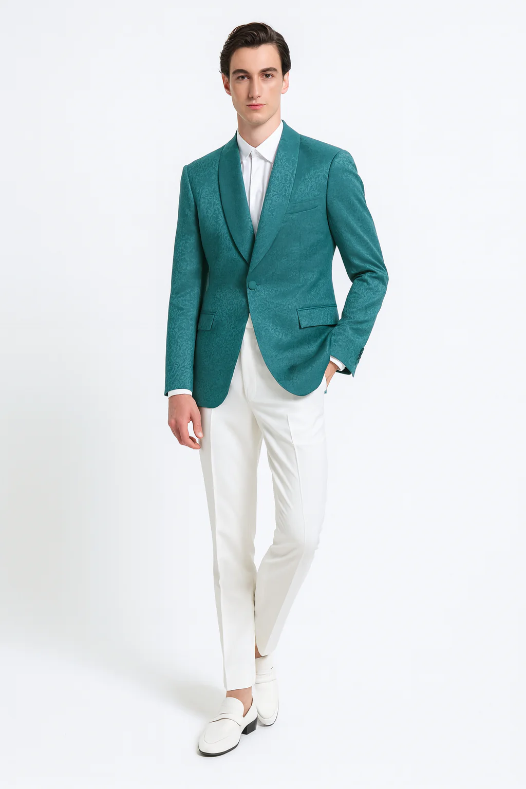 Men’s Teal Green Floral Jacquard Blazer – Slim Fit Tuxedo Jacket for Weddings, Proms, and Parties - Image 7