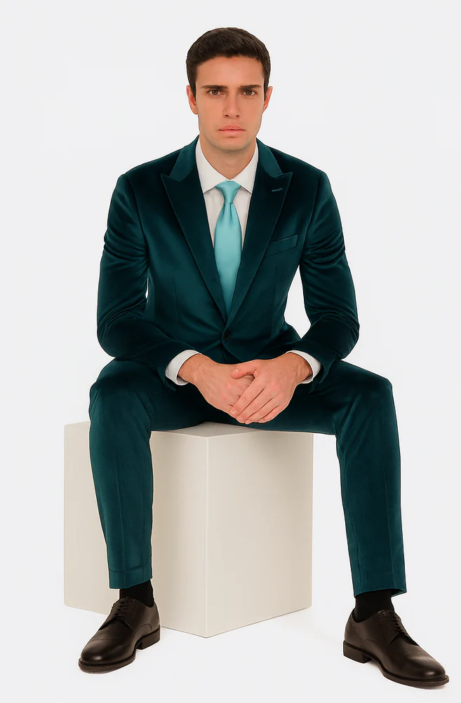 Men’s Teal Velvet Peak Lapel Suit – 2-Piece Skinny Fit Formalwear by Tazzio - Image 4