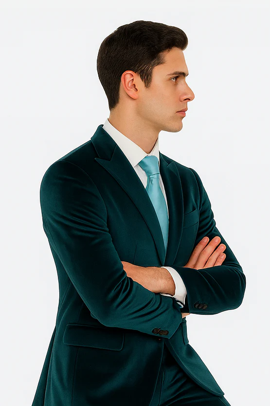 Men’s Teal Velvet Peak Lapel Suit – 2-Piece Skinny Fit Formalwear by Tazzio - Image 5