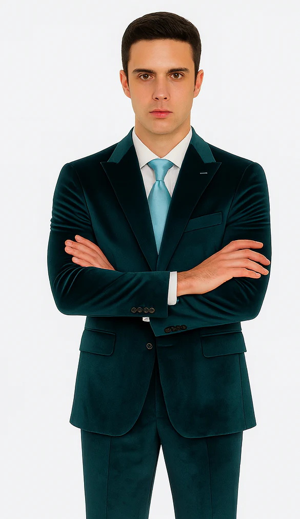 Men’s Teal Velvet Peak Lapel Suit – 2-Piece Skinny Fit Formalwear by Tazzio - Image 6