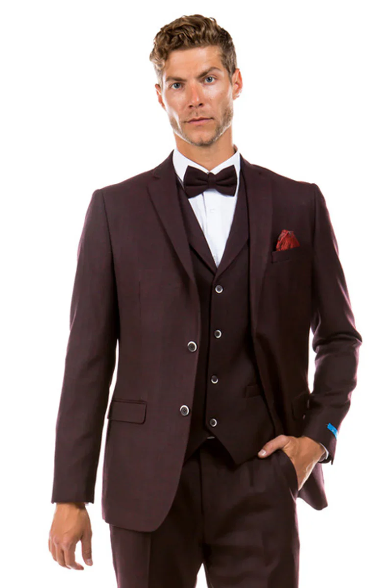 Men’s Two Button Vested Vintage Style Tweed Wedding Suit – Burgundy - Image 2