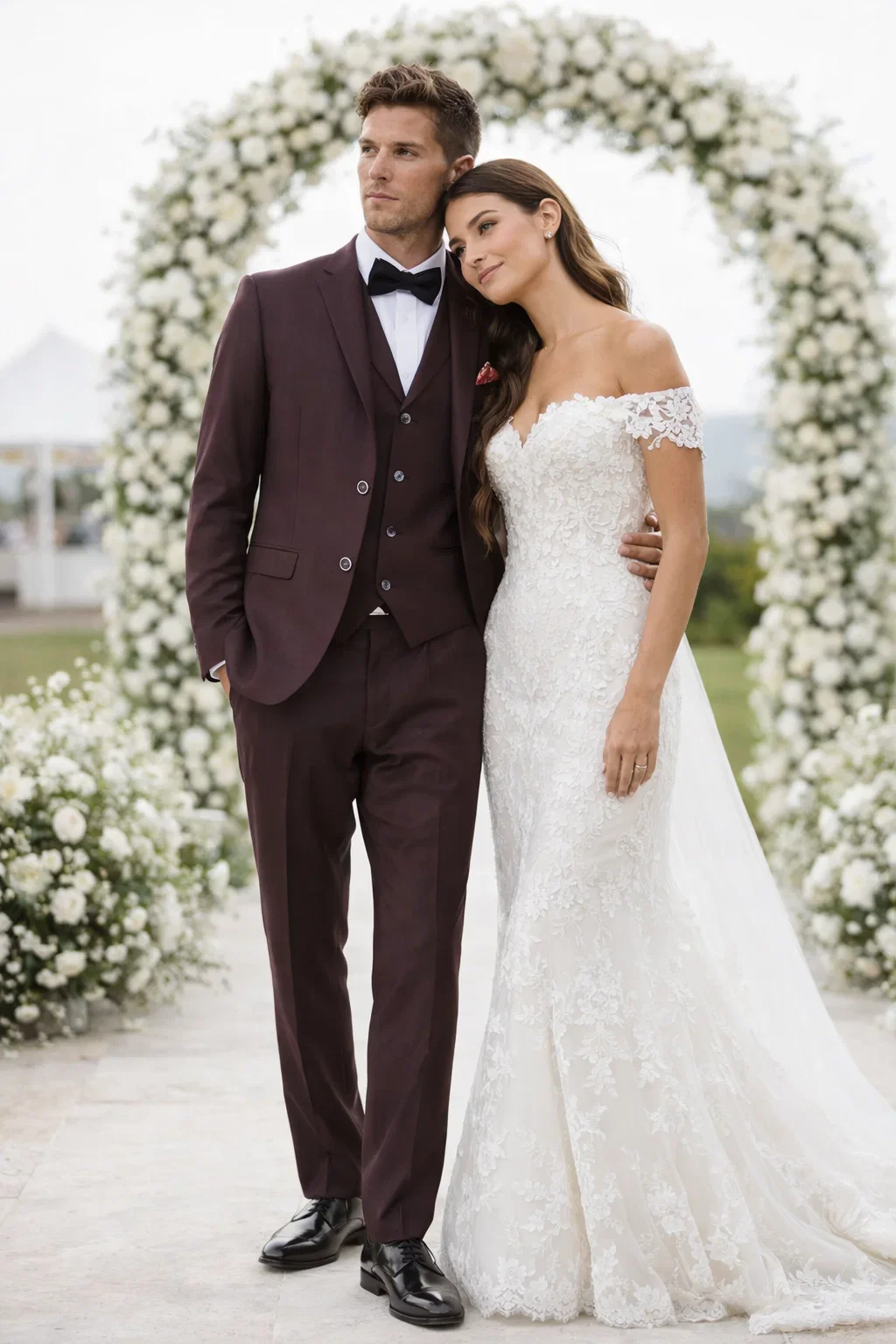 Men’s Two Button Vested Vintage Style Tweed Wedding Suit – Burgundy - Image 4