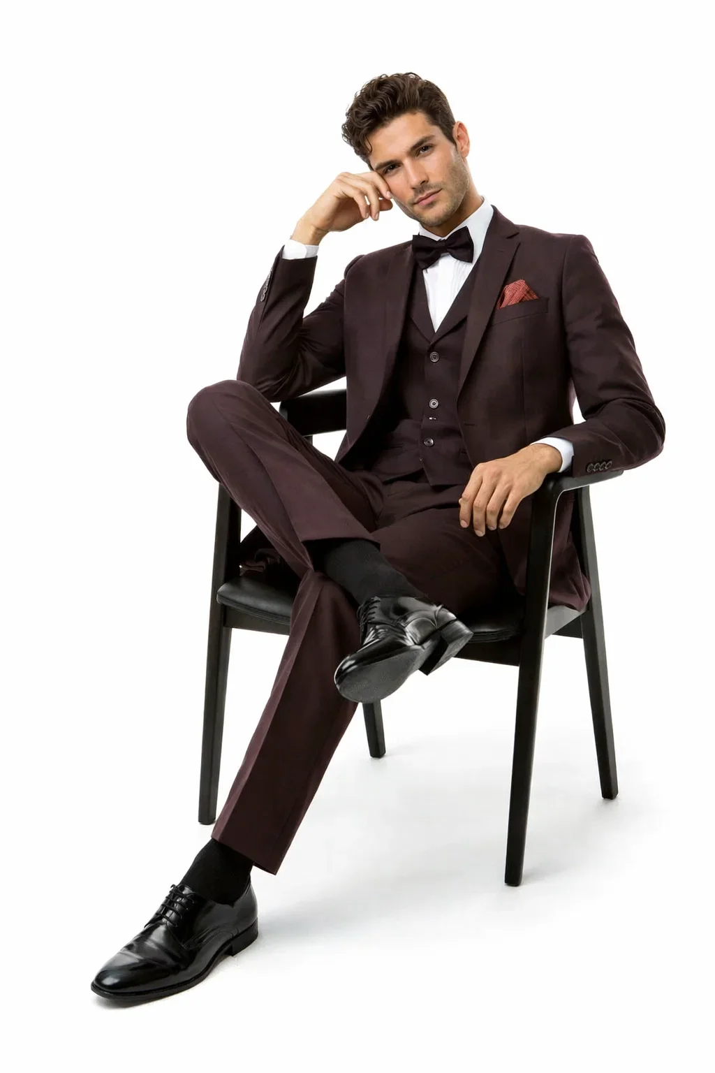 Men’s Two Button Vested Vintage Style Tweed Wedding Suit – Burgundy - Image 5