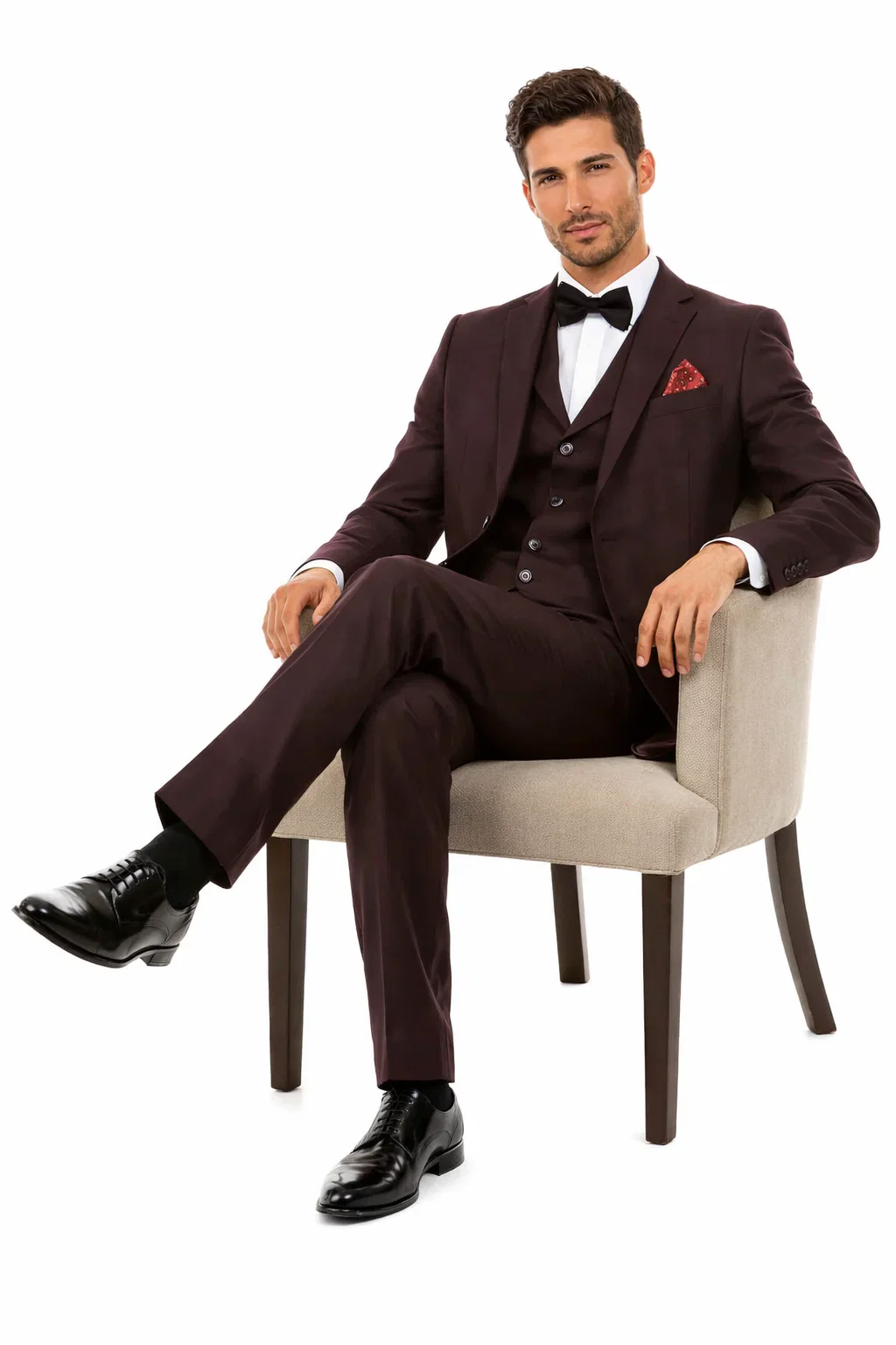 Men’s Two Button Vested Vintage Style Tweed Wedding Suit – Burgundy - Image 6