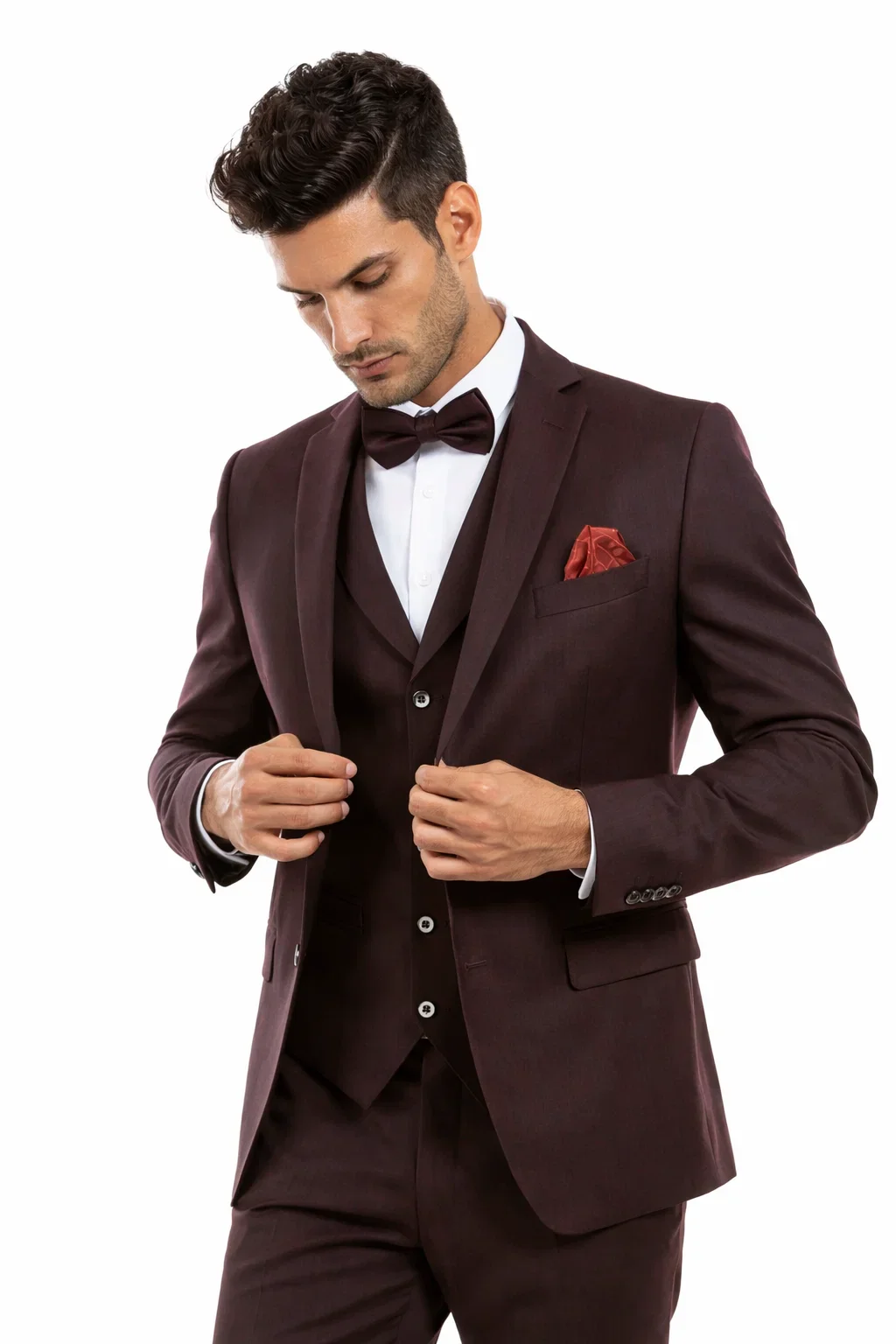 Men’s Two Button Vested Vintage Style Tweed Wedding Suit – Burgundy - Image 8