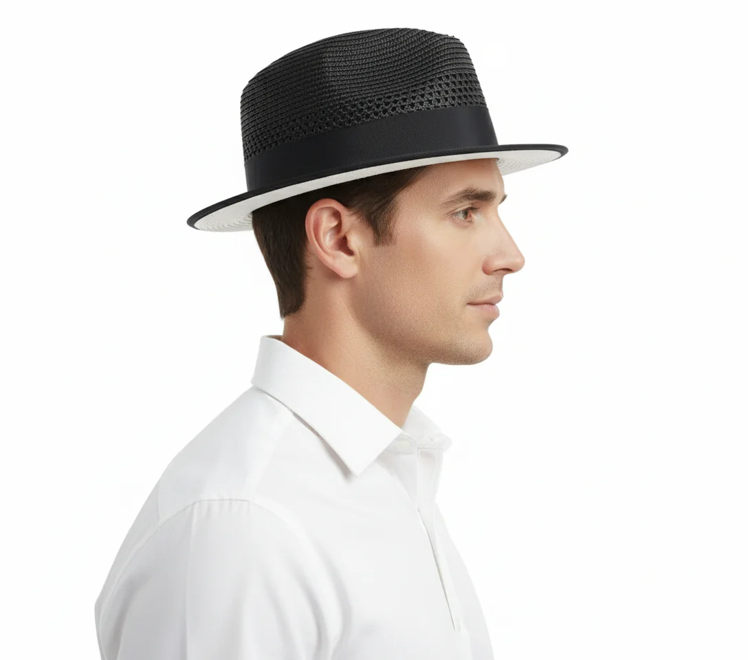 Men’s Two-Tone Black and White Fedora Hat with Feather Accent – Stylish Summer Dress Hat - Image 3