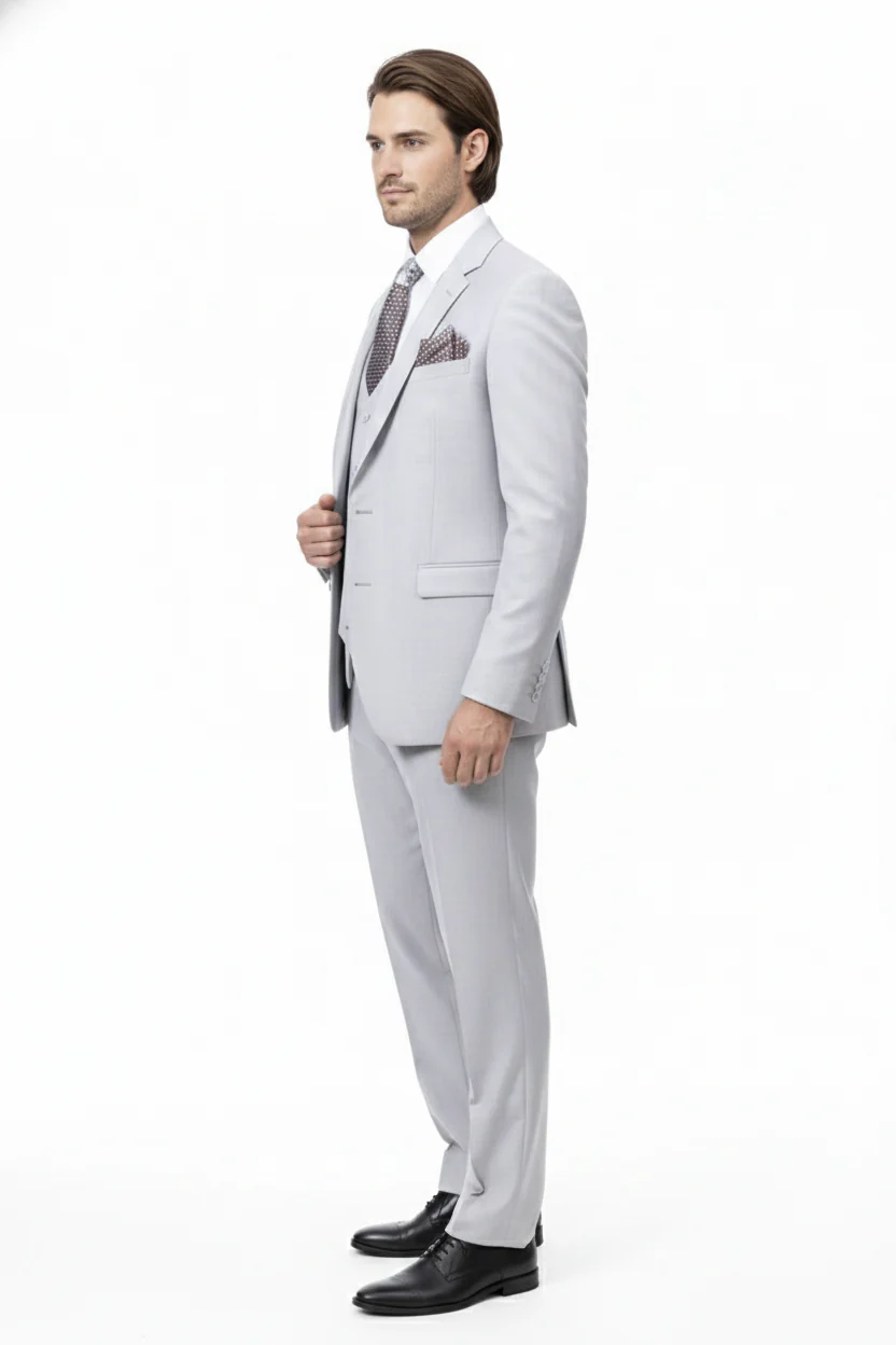 Men’s Very Light Gray Three-Piece  Wedding Suit 2 Buttons Modern or Slim Fit  Ash Bone Color Steel Grey - Image 6