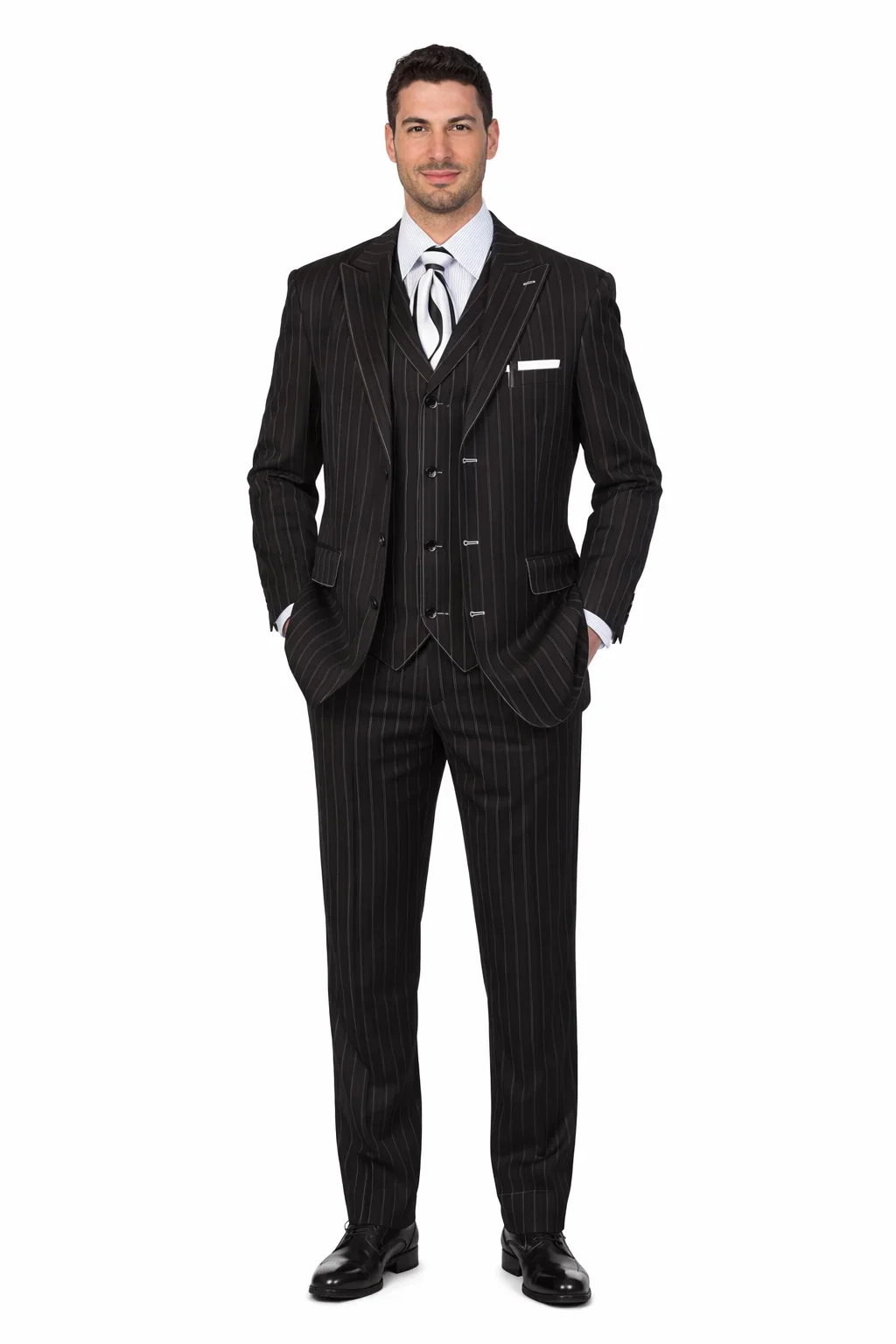 Men’s Vintage Vested Gangster Pinstripe Suit – Black & White 3-Piece Classic Fit - Image 2