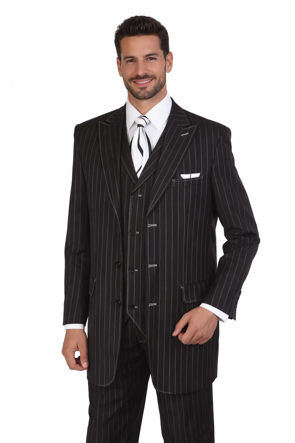 Men’s Vintage Vested Gangster Pinstripe Suit – Black & White 3-Piece Classic Fit - Image 3