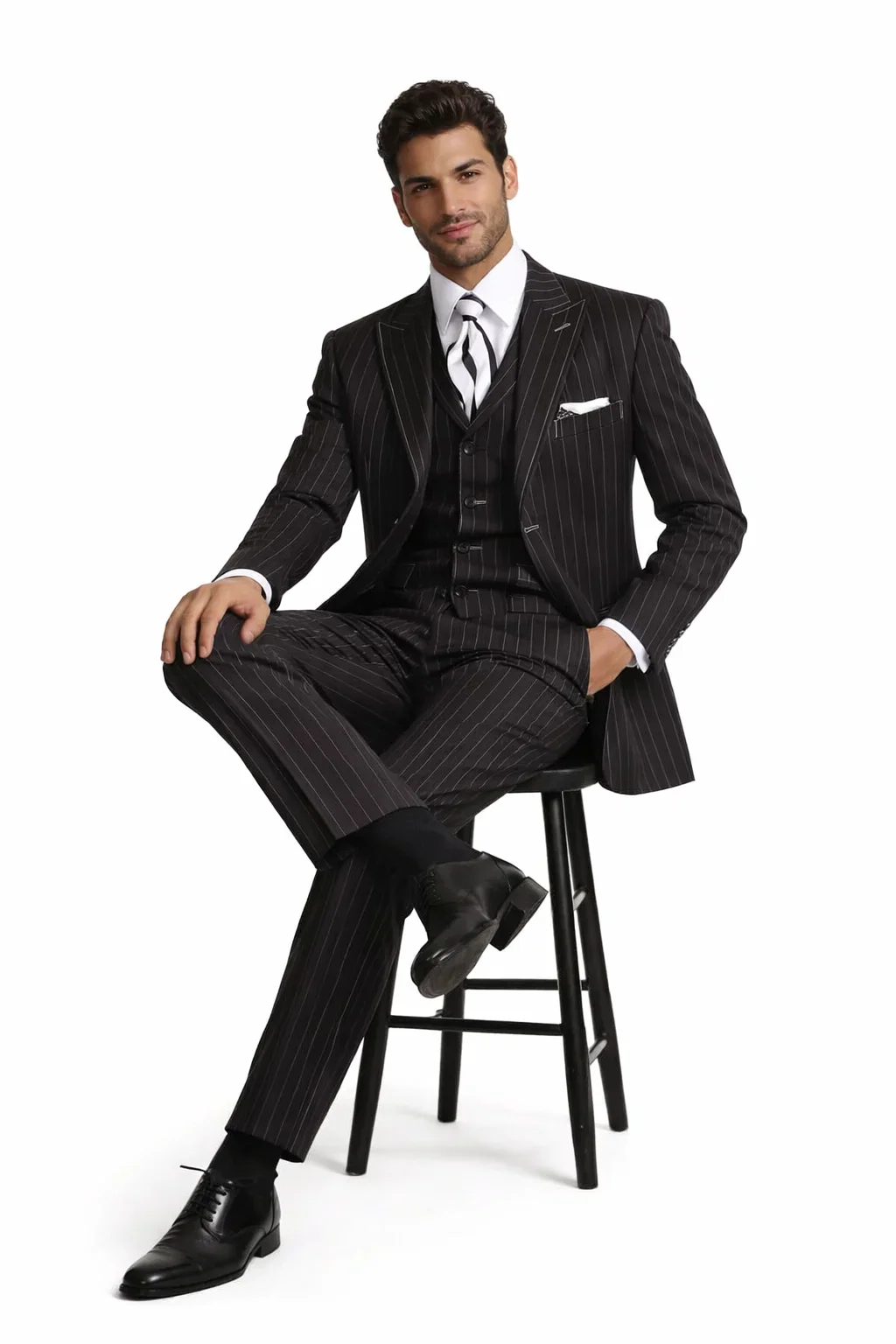 Men’s Vintage Vested Gangster Pinstripe Suit – Black & White 3-Piece Classic Fit - Image 5
