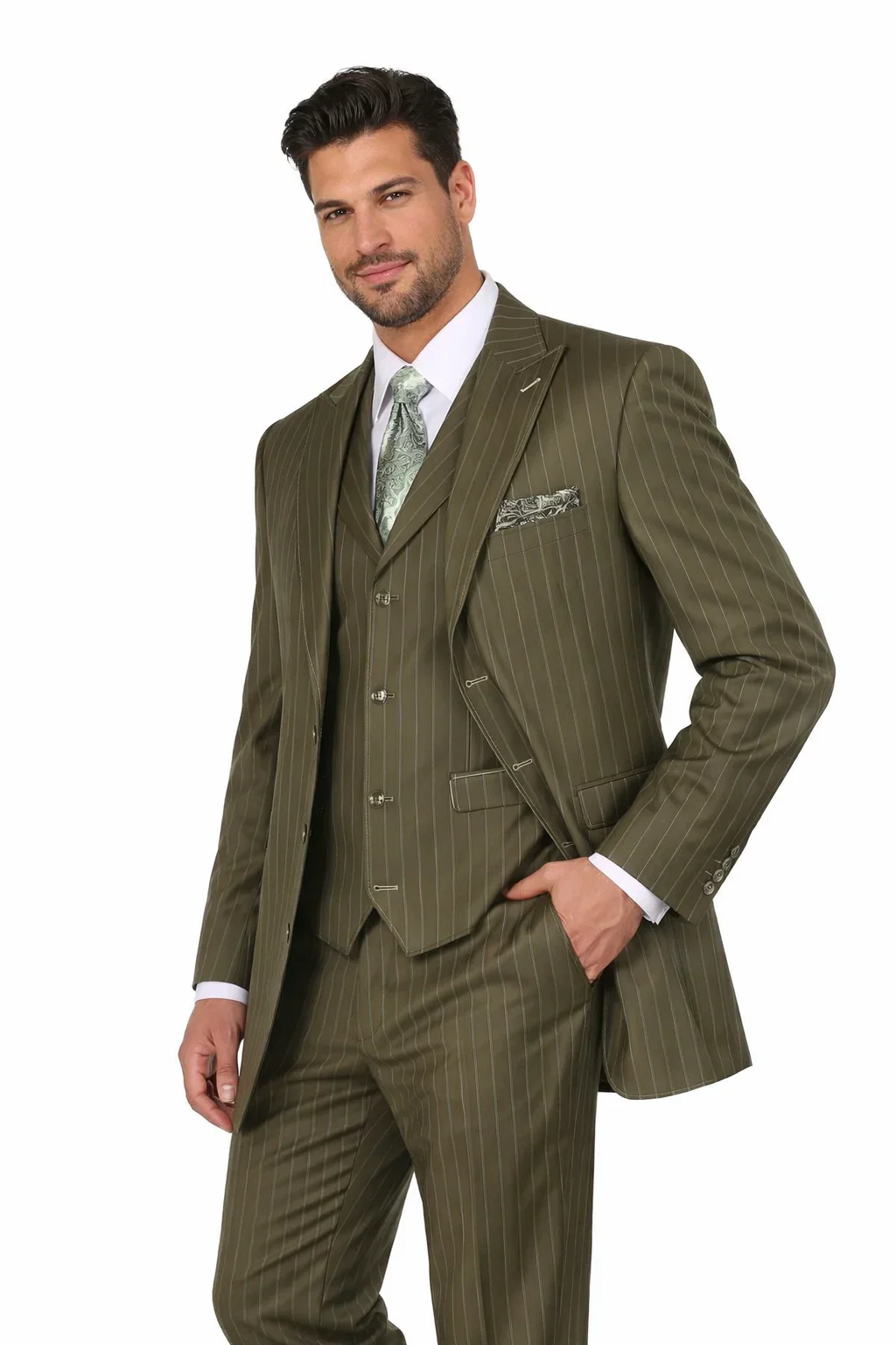 Men’s Vintage Vested Gangster Pinstripe Suit – Bold Olive Green Fashion 3-Piece Set - Image 2