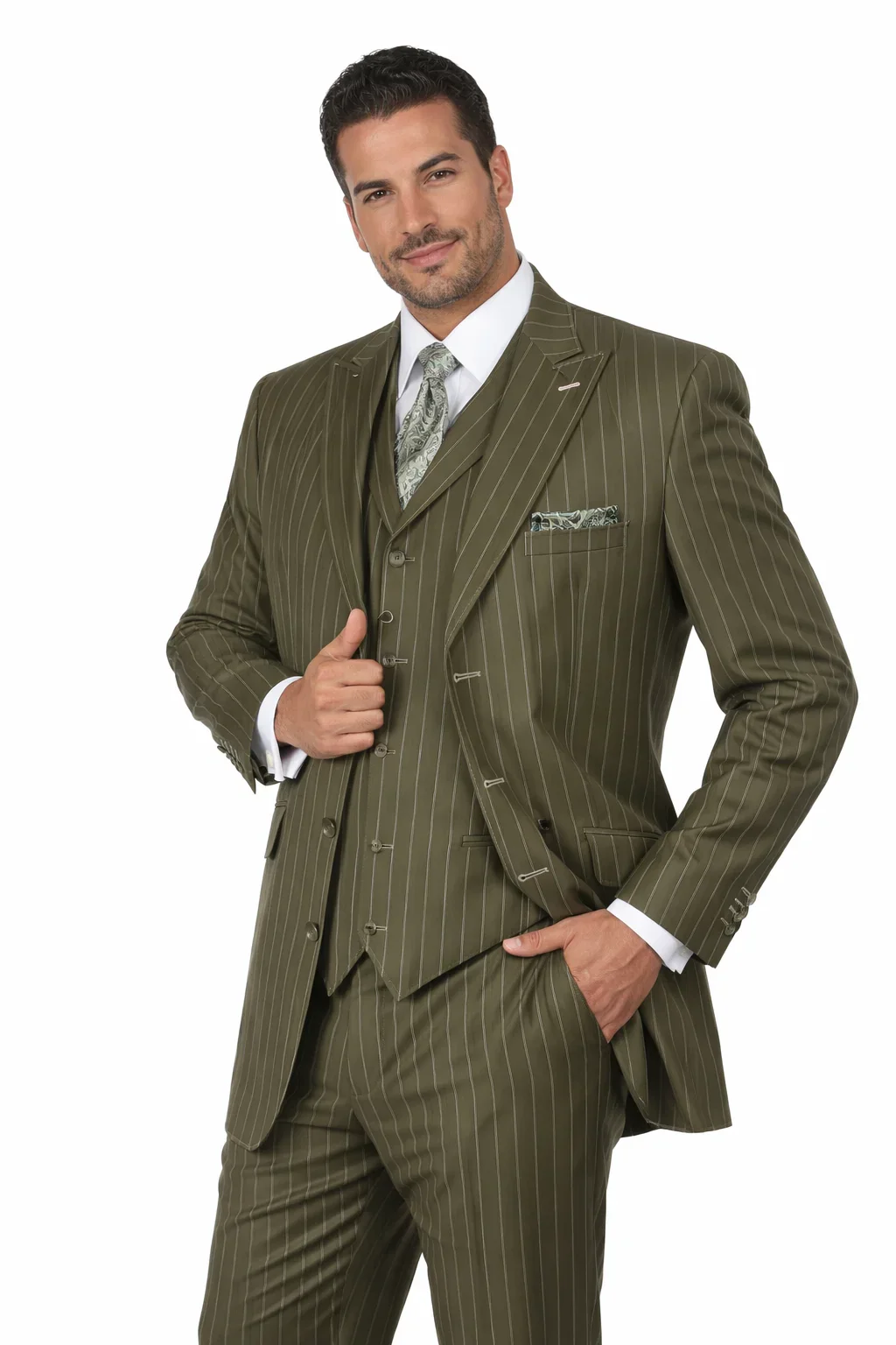 Men’s Vintage Vested Gangster Pinstripe Suit – Bold Olive Green Fashion 3-Piece Set - Image 3