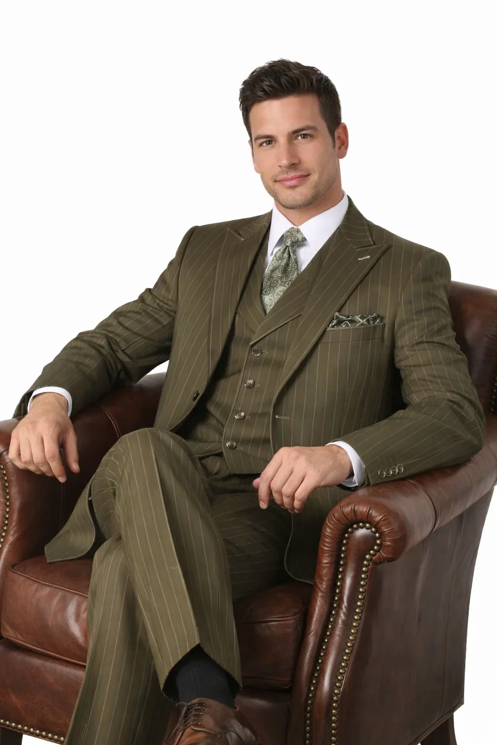 Men’s Vintage Vested Gangster Pinstripe Suit – Bold Olive Green Fashion 3-Piece Set - Image 4