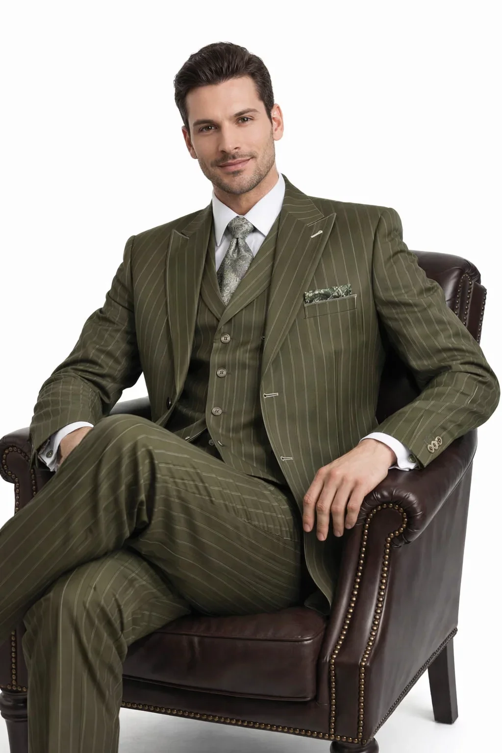 Men’s Vintage Vested Gangster Pinstripe Suit – Bold Olive Green Fashion 3-Piece Set - Image 5