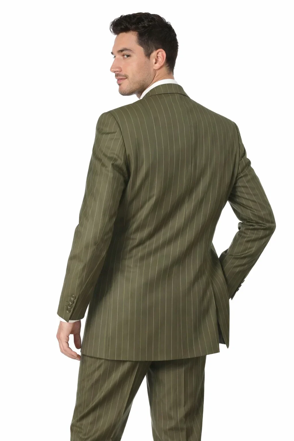 Men’s Vintage Vested Gangster Pinstripe Suit – Bold Olive Green Fashion 3-Piece Set - Image 7