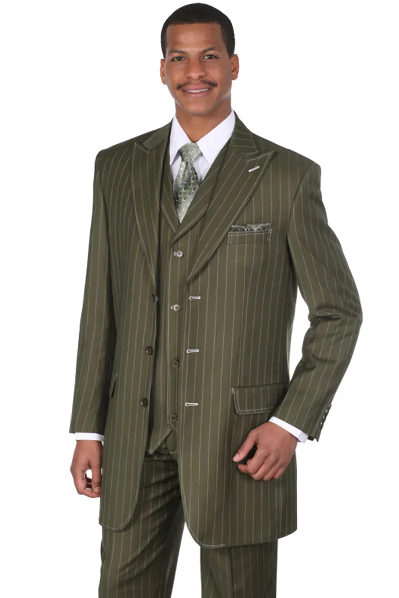 Men’s Vintage Vested Gangster Pinstripe Suit – Bold Olive Green Fashion 3-Piece Set - Image 8