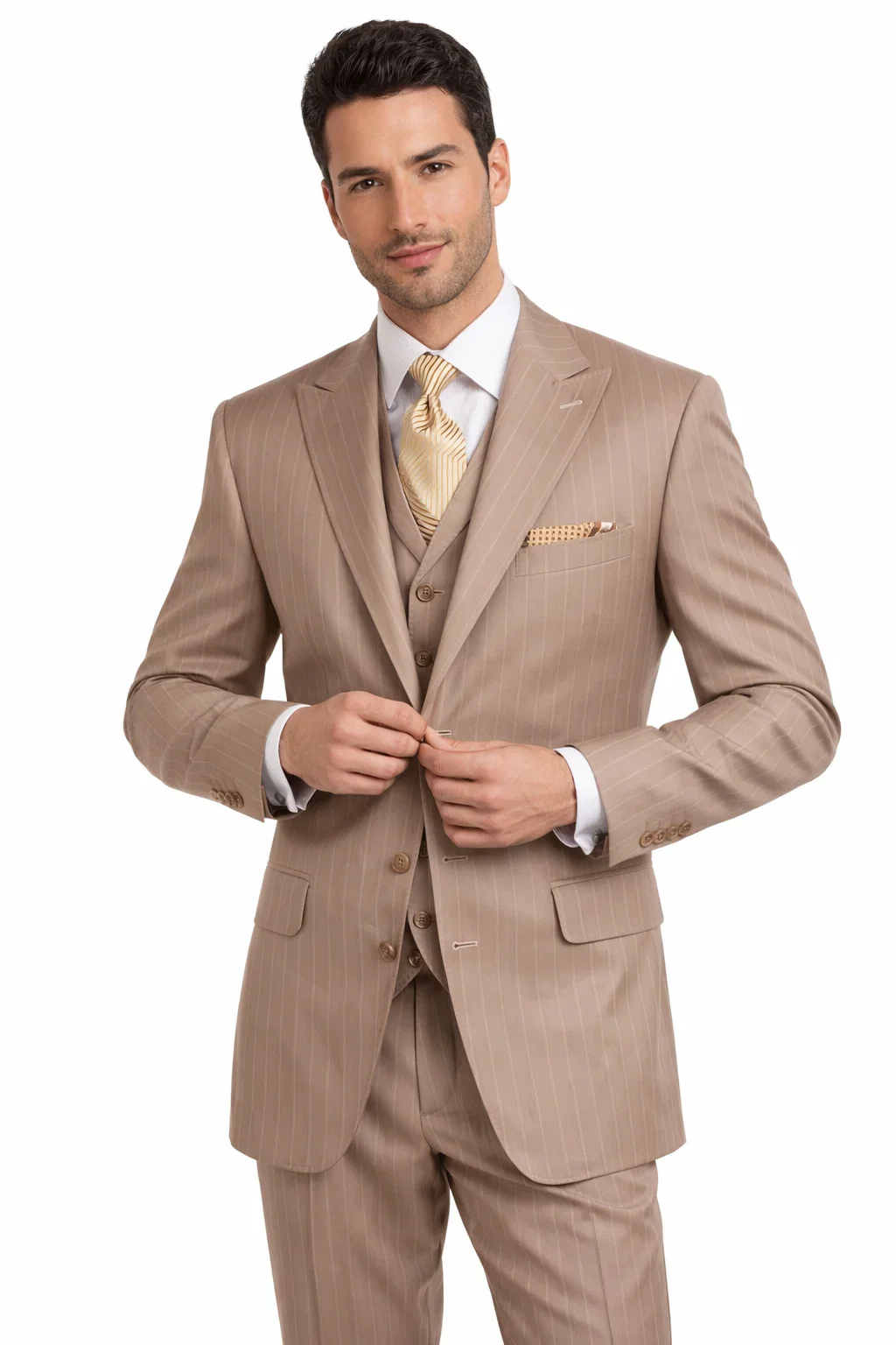 Men’s Vintage Vested Gangster Pinstripe Suit in Tan – 3 Piece Suit - Image 2