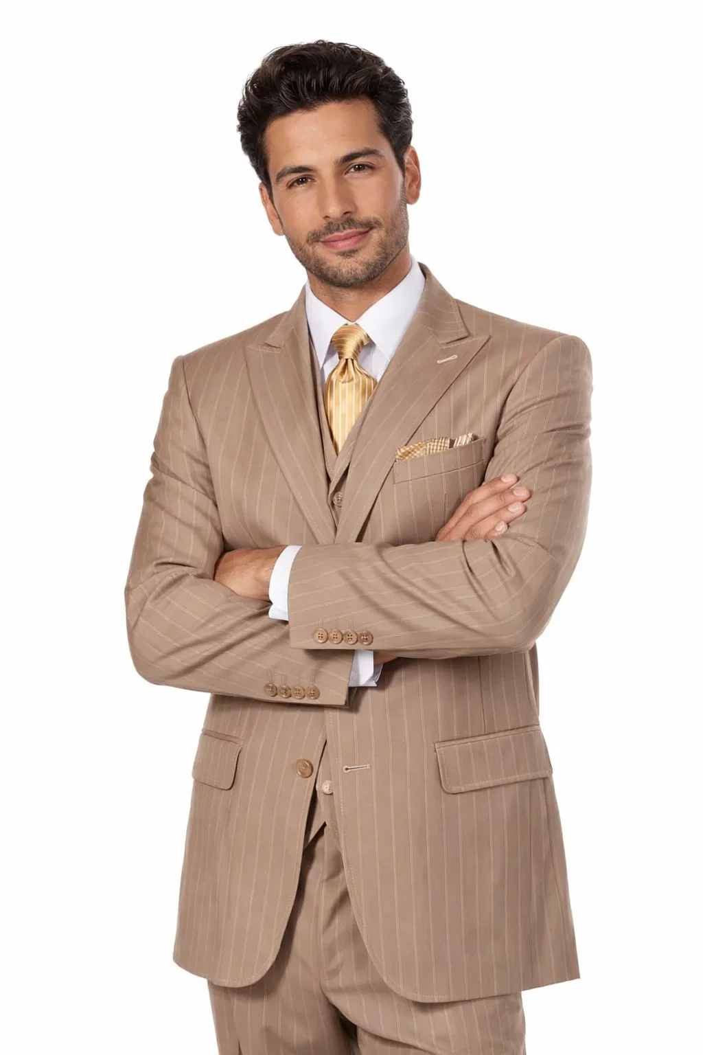 Men’s Vintage Vested Gangster Pinstripe Suit in Tan – 3 Piece Suit - Image 3