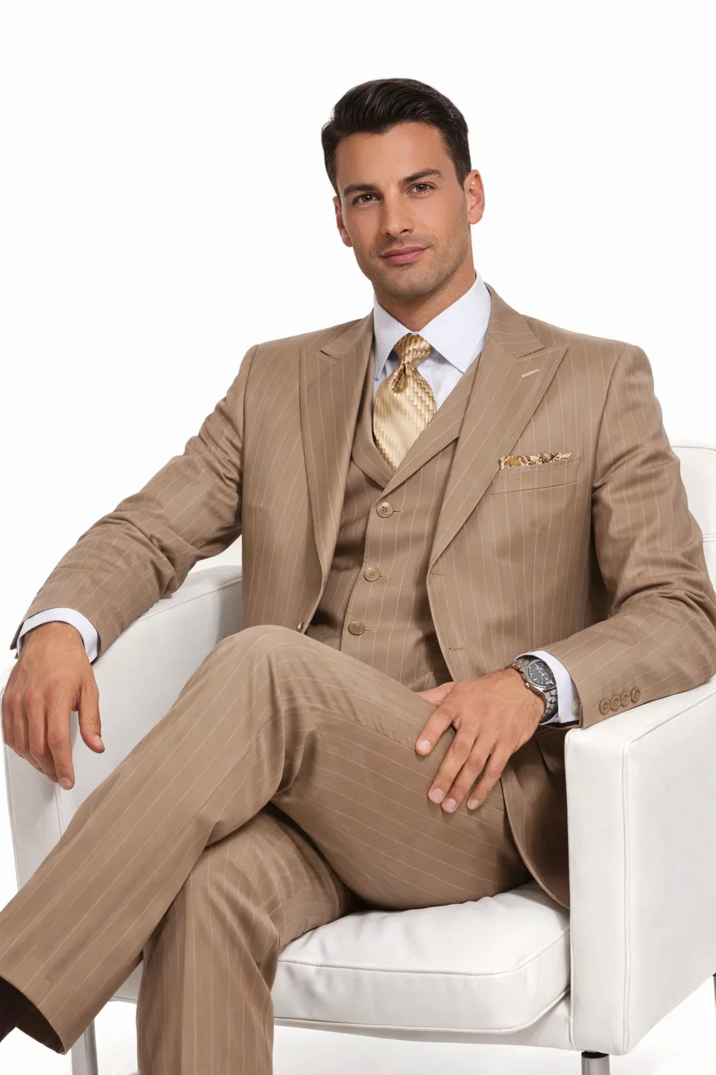 Men’s Vintage Vested Gangster Pinstripe Suit in Tan – 3 Piece Suit - Image 4