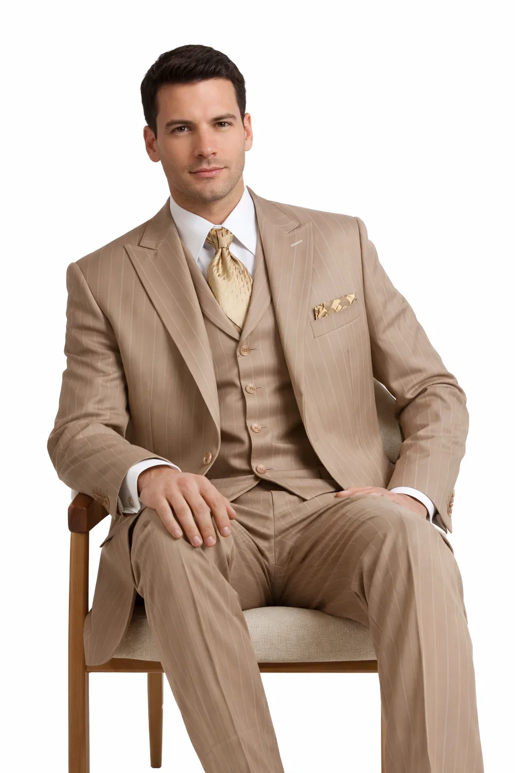 Men’s Vintage Vested Gangster Pinstripe Suit in Tan – 3 Piece Suit - Image 5