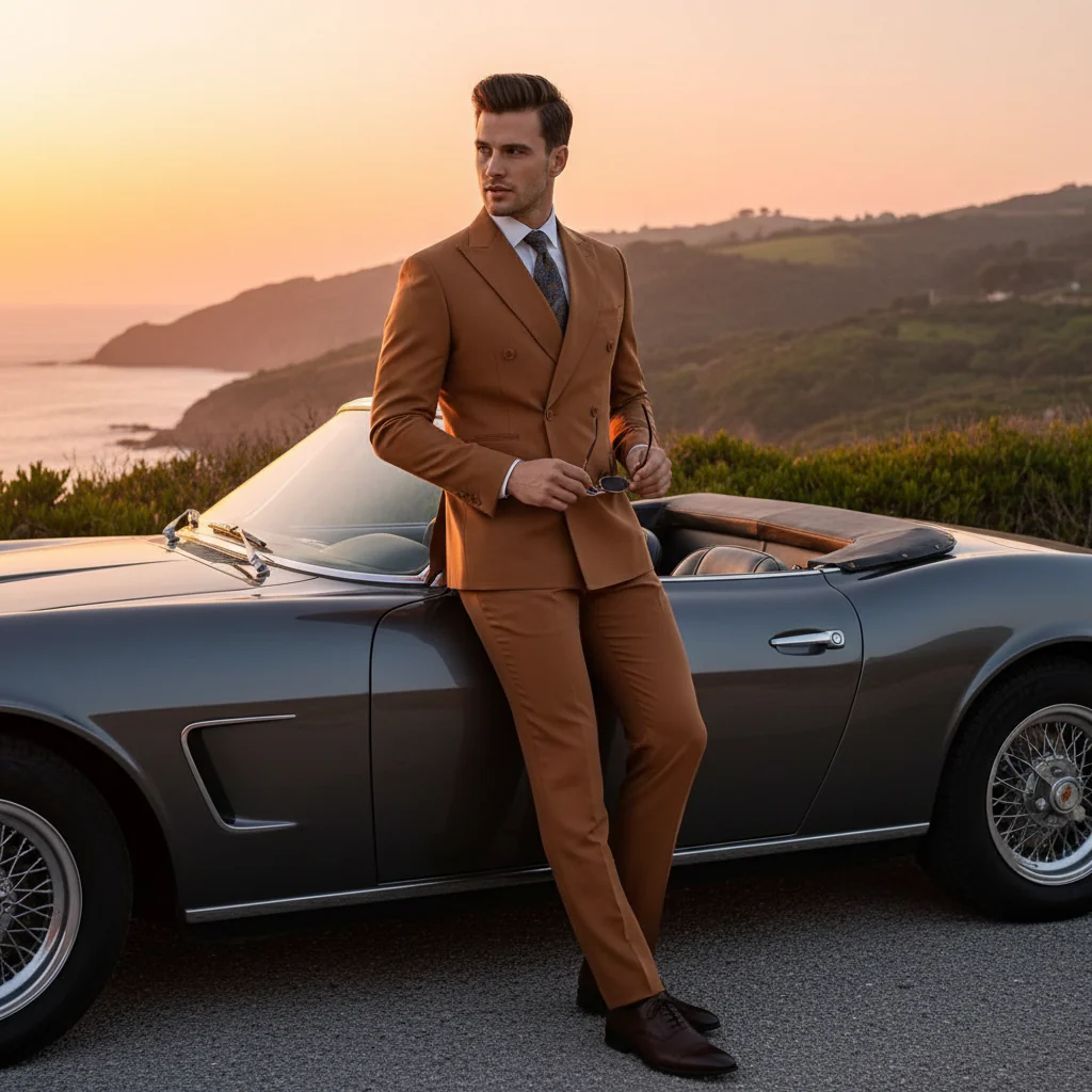 Men’s Vitali Brand Rustish Orange Brown Copper Color Double Breasted Slim Fit Suit - Image 10