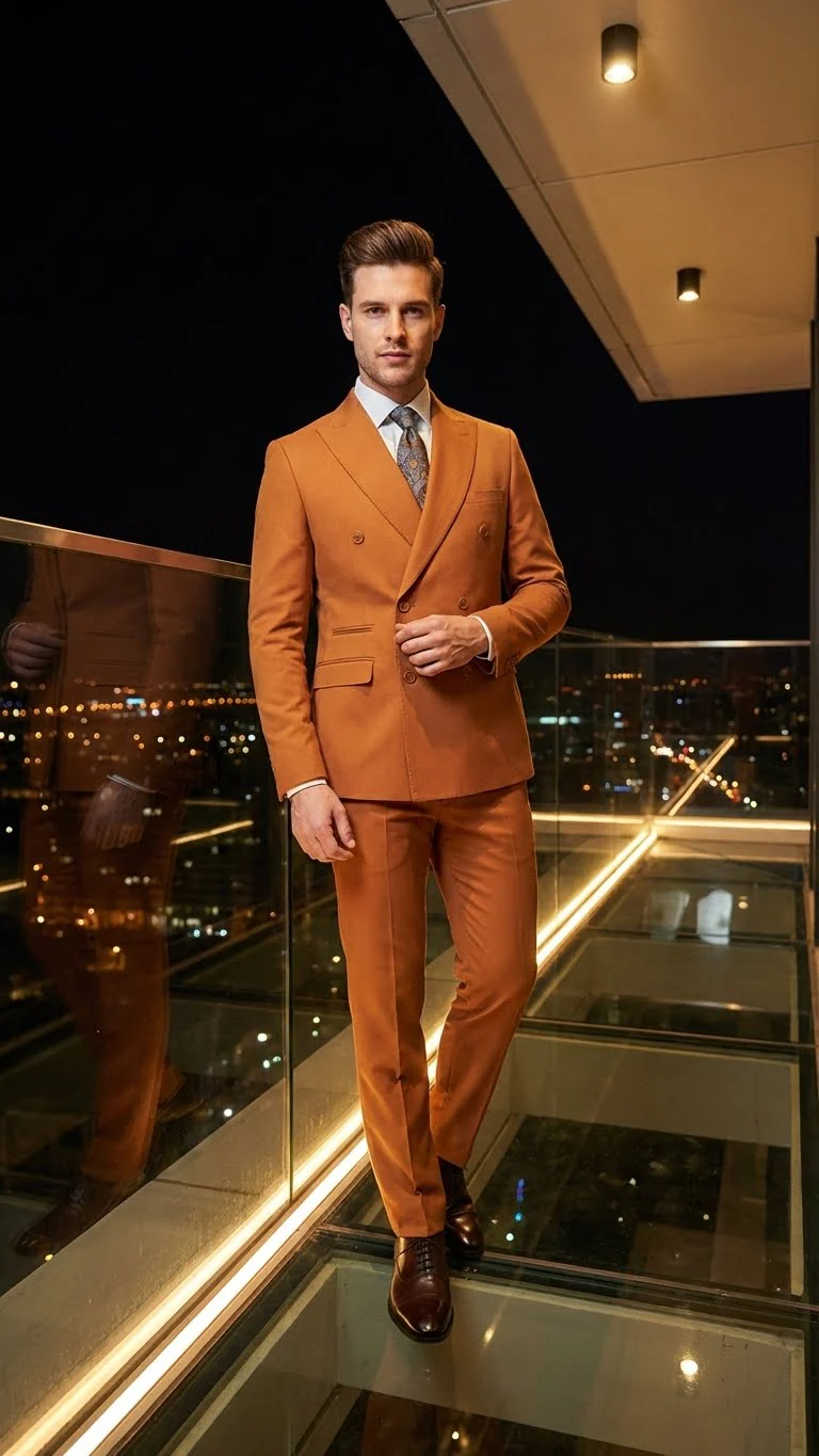 Men’s Vitali Brand Rustish Orange Brown Copper Color Double Breasted Slim Fit Suit - Image 12