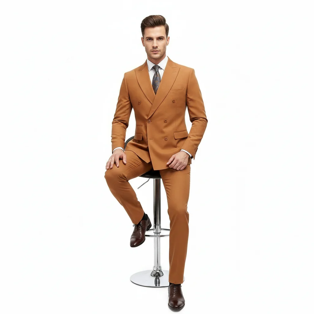 Men’s Vitali Brand Rustish Orange Brown Copper Color Double Breasted Slim Fit Suit - Image 4