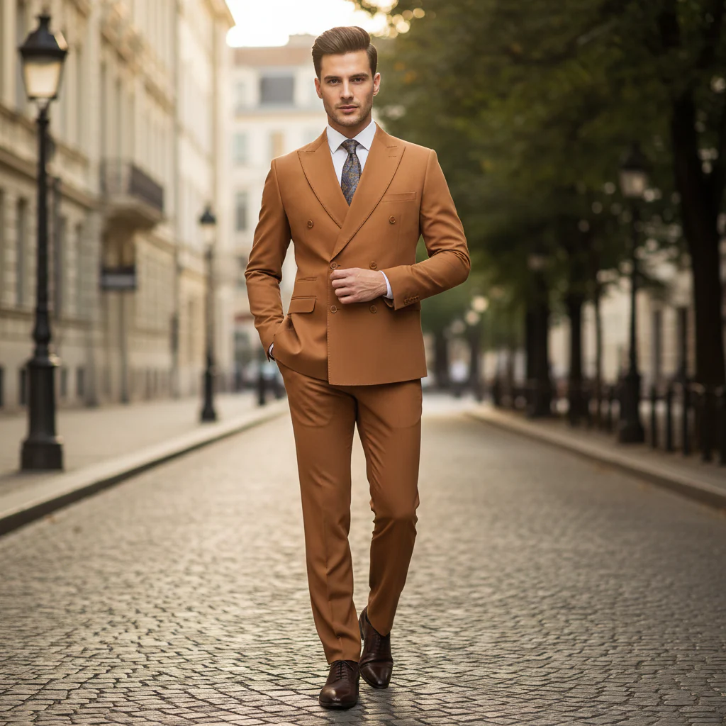 Men’s Vitali Brand Rustish Orange Brown Copper Color Double Breasted Slim Fit Suit - Image 5