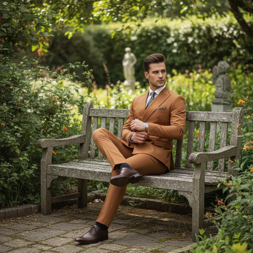 Men’s Vitali Brand Rustish Orange Brown Copper Color Double Breasted Slim Fit Suit - Image 7