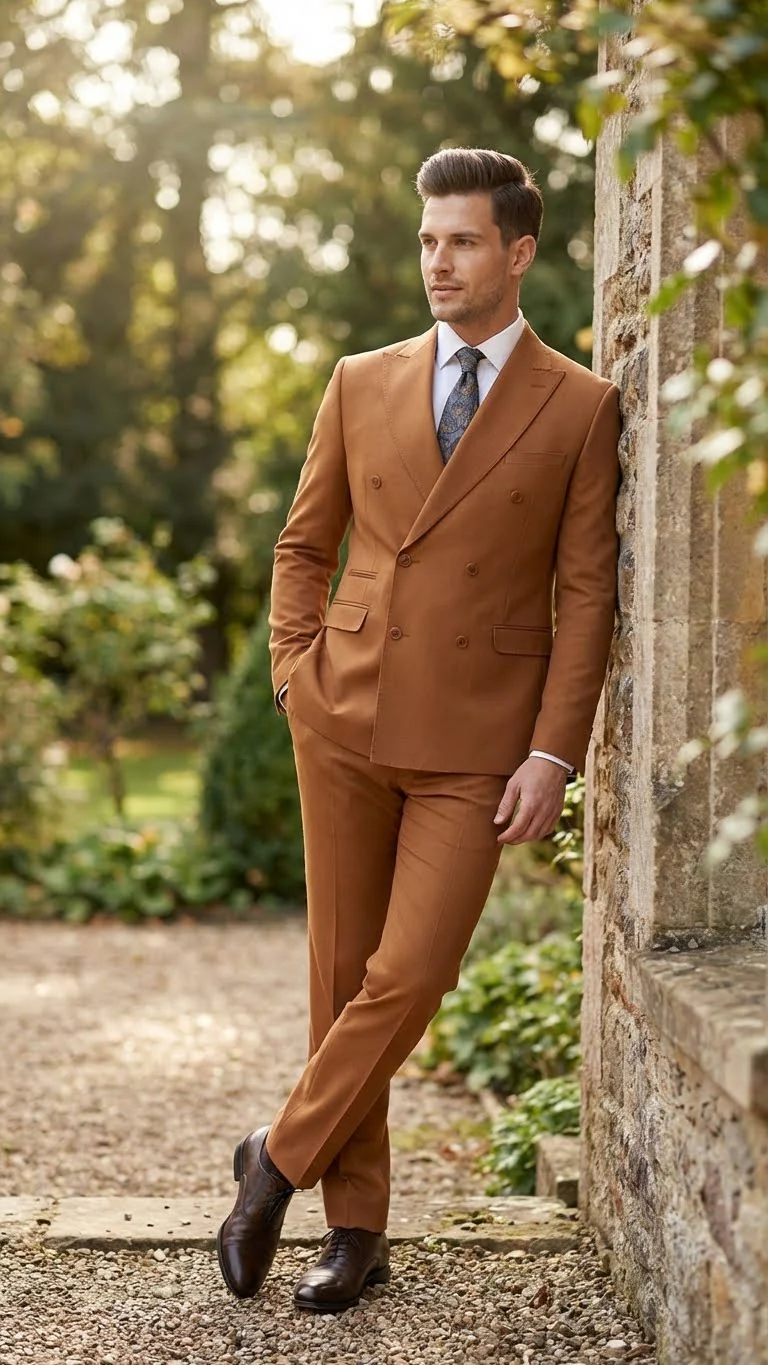 Men’s Vitali Brand Rustish Orange Brown Copper Color Double Breasted Slim Fit Suit - Image 8