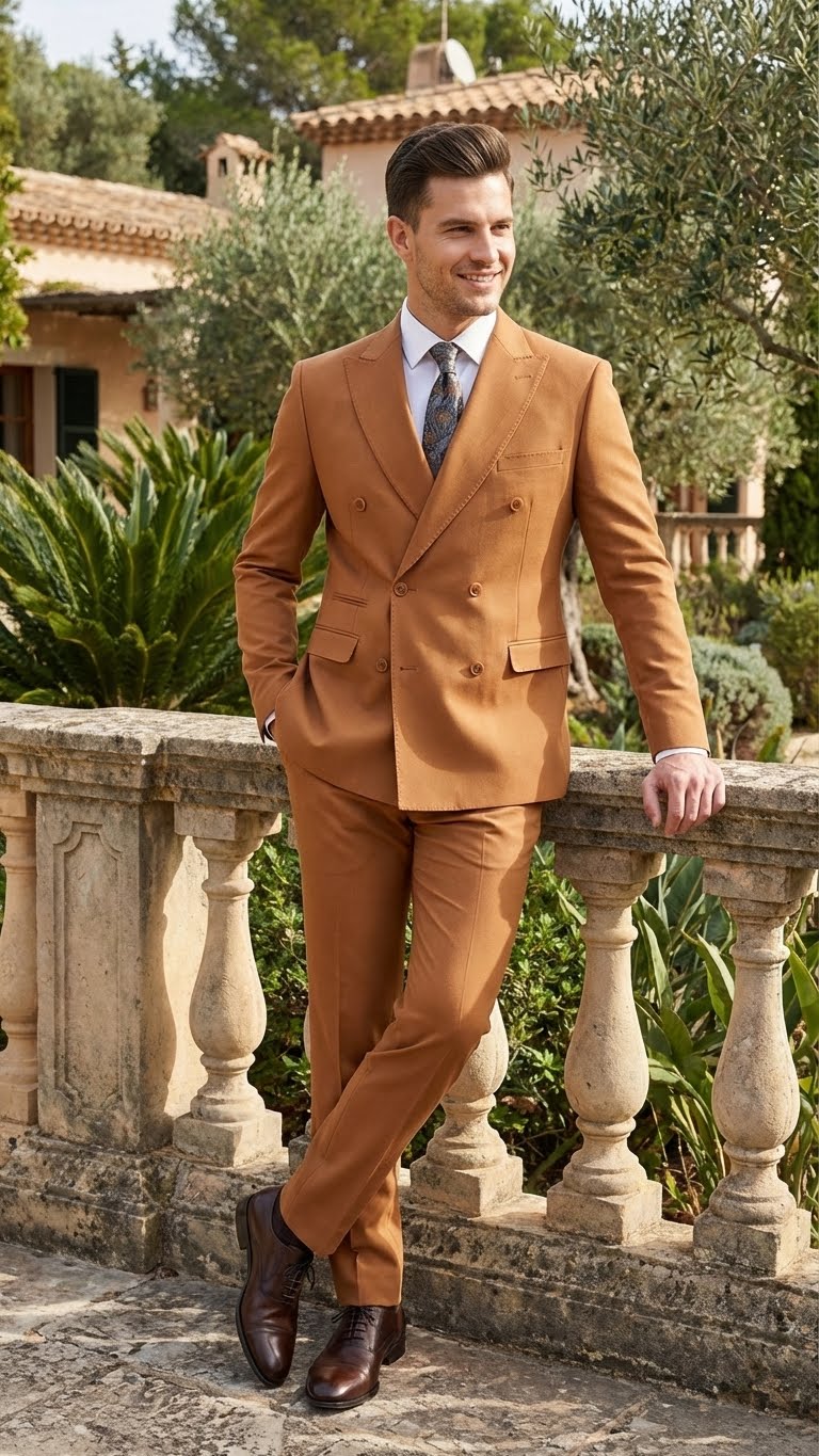 Men’s Vitali Brand Rustish Orange Brown Copper Color Double Breasted Slim Fit Suit - Image 9