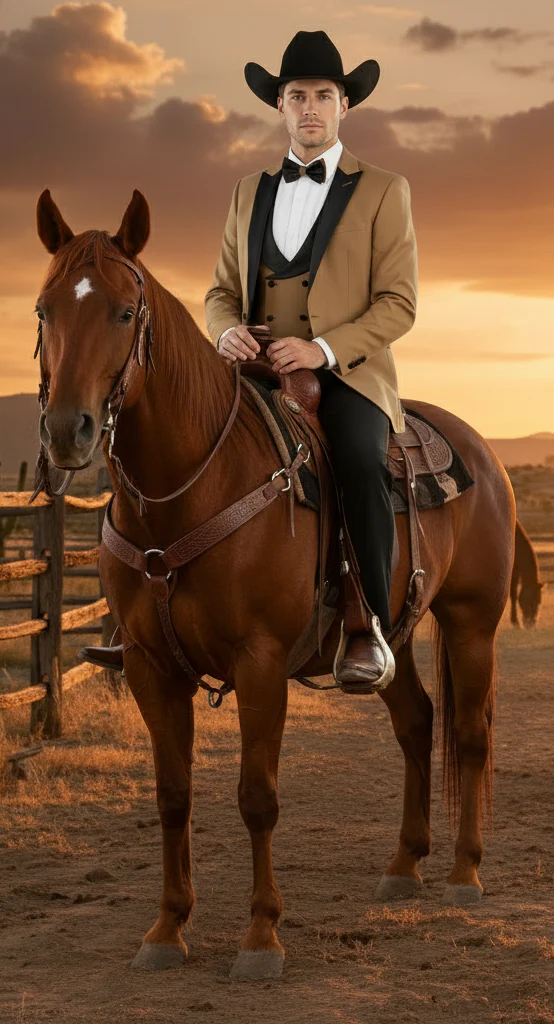 Men’s Western Cowboy Tuxedo – Tan and Black 3-Piece Suit with Satin Lapel and Vest in Mocca Coffee Color - Image 2