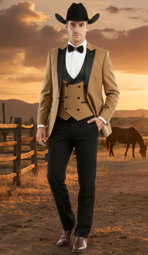Men’s Western Cowboy Tuxedo – Tan and Black 3-Piece Suit with Satin Lapel and Vest in Mocca Coffee Color - Image 3