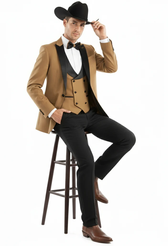 Men’s Western Cowboy Tuxedo – Tan and Black 3-Piece Suit with Satin Lapel and Vest in Mocca Coffee Color - Image 4