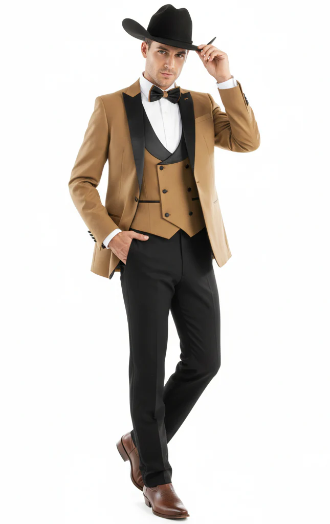 Men’s Western Cowboy Tuxedo – Tan and Black 3-Piece Suit with Satin Lapel and Vest in Mocca Coffee Color - Image 7