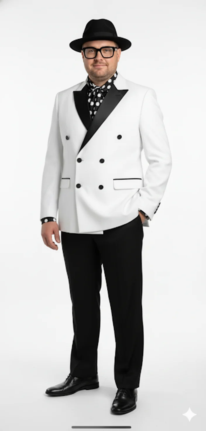 Men’s White and Black Double-Breasted Tuxedo – Modern Slim Fit Formal Suit for Weddings, Parties, and Special Occasions - Image 9
