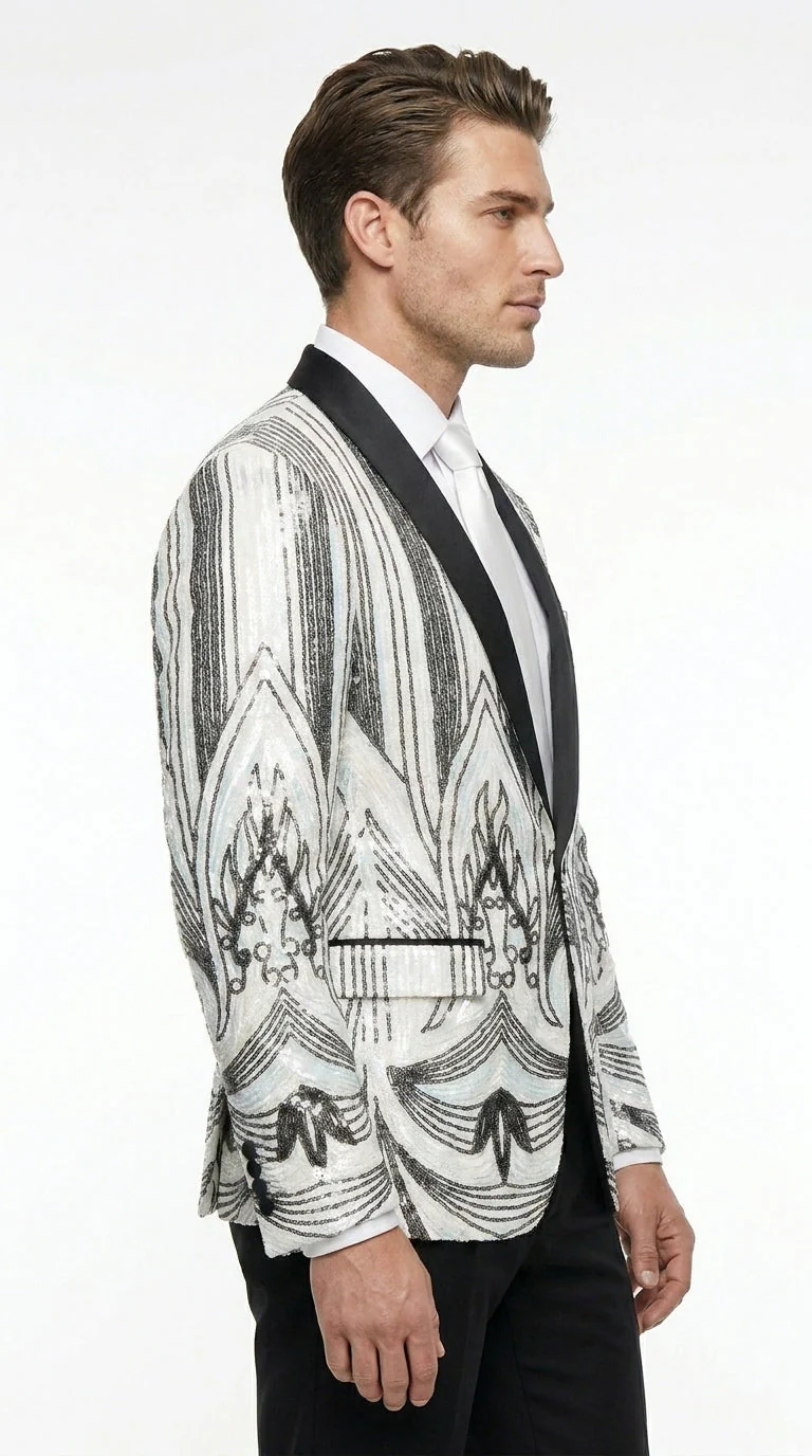 Men’s White and Black Patterned Tuxedo Blazer – Luxury Designer Dinner Jacket for Wedding, Prom and Formal Events New Year Christmas Holiday - Image 4