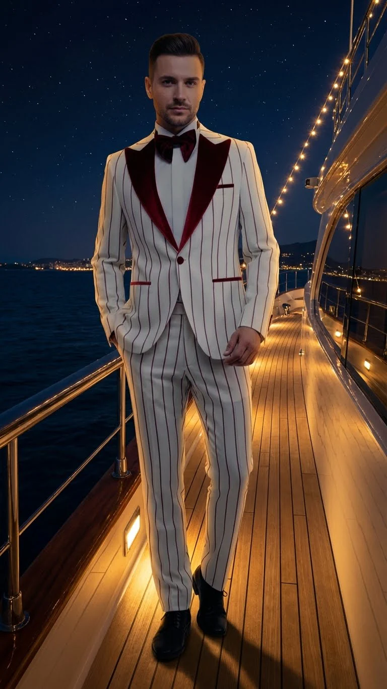 Men’s White and Dark Red Pinstripe Tuxedo with Velvet Shawl Lapel – Formal Dinner Blazer Prom Christmas New Year Holiday Suit - Image 10