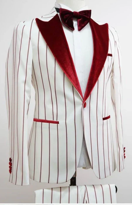 Men’s White and Dark Red Pinstripe Tuxedo with Velvet Shawl Lapel – Formal Dinner Blazer Prom Christmas New Year Holiday Suit - Image 11