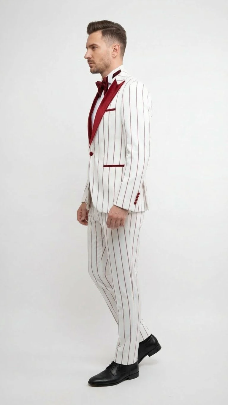 Men’s White and Dark Red Pinstripe Tuxedo with Velvet Shawl Lapel – Formal Dinner Blazer Prom Christmas New Year Holiday Suit - Image 3