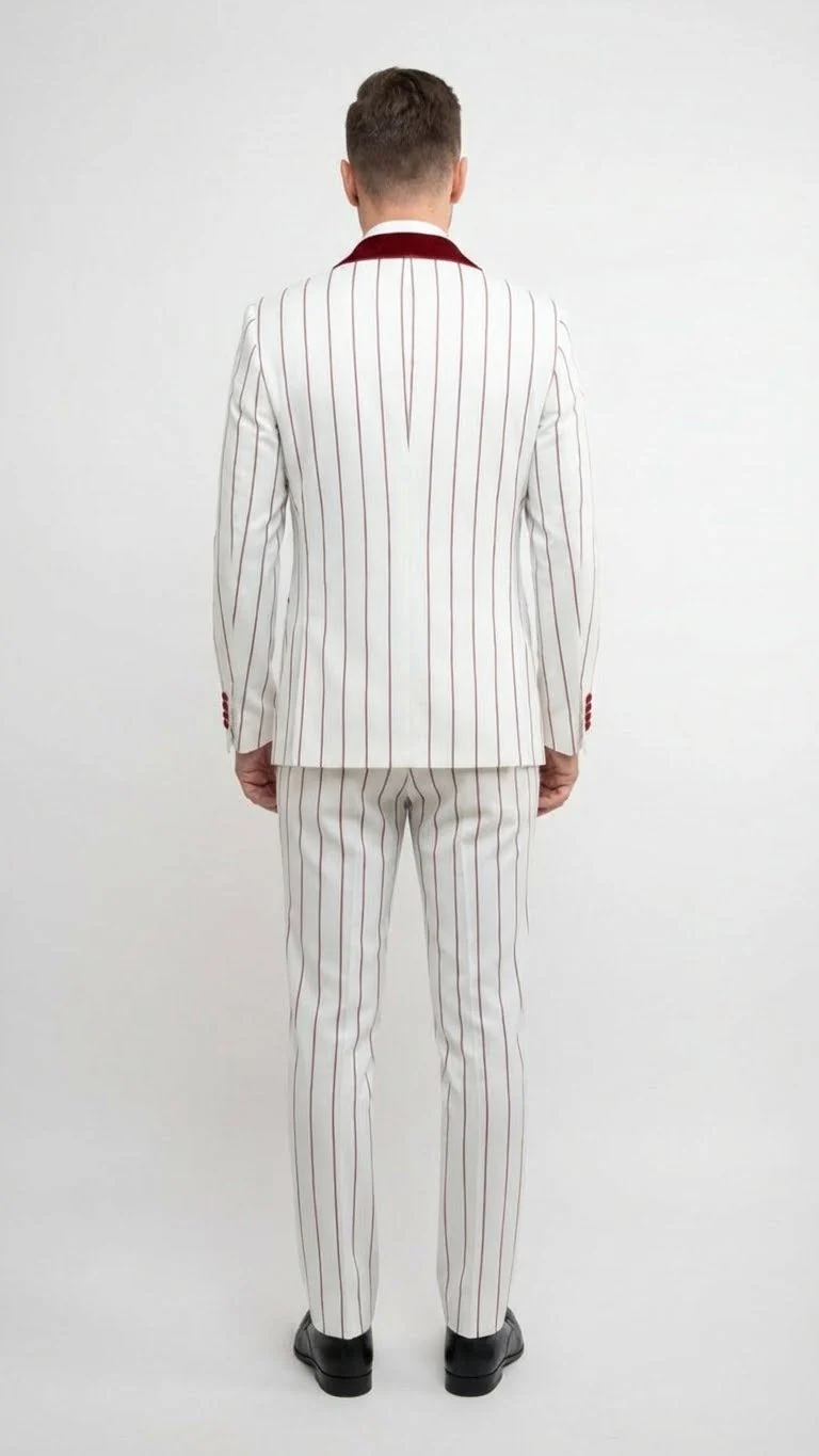 Men’s White and Dark Red Pinstripe Tuxedo with Velvet Shawl Lapel – Formal Dinner Blazer Prom Christmas New Year Holiday Suit - Image 4